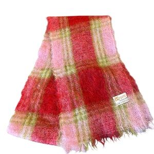 Vintage Morgan’s Hudson’s Bay Red Pink Green Plaid Mohair Scarf Made in Scotland